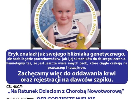 Na ratunek dzieciom z chorobą nowotworową. W sobotę zbiórka krwi w Godzieszach Wielkich