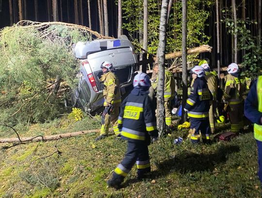 Opel dachował i zawisł między drzewami! Za kierownicą 22-latek z powiatu kaliskiego