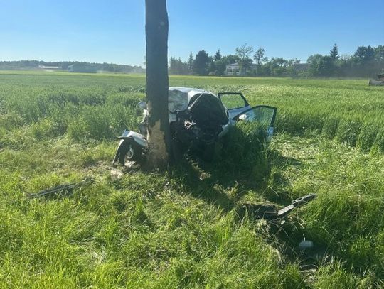 Osobówka rozbita na drzewie. Ranna kobieta i dziecko Osobówka rozbita na drzewie. Ranna kobieta i dziecko
