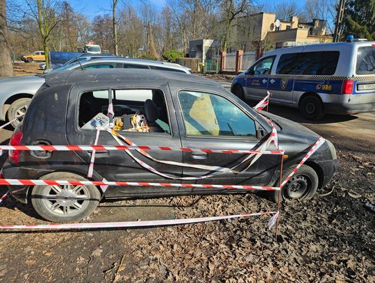 Powybijane szyby, w środku śmietnik. Auto porzucone w parku Powybijane szyby, w środku śmietnik. Auto porzucone w parku