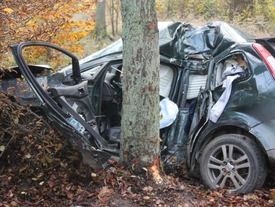 Samochód uderzył w drzewo. Kierowca wypadł z pojazdu, był reanimowany ZDJĘCIA