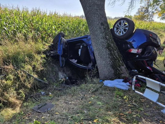 Samochód zatrzymał się na drzewie. Jedna osoba została zakleszczona