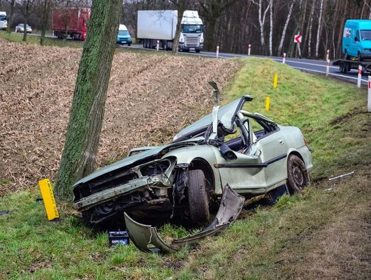 Wypadek na krajowej „12”: osobówka uderzyła w drzewo ZDJĘCIA