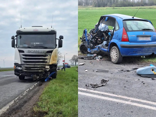 Zderzenie ciężarówki z citroenem. Śmierć poniósł młody kierowca