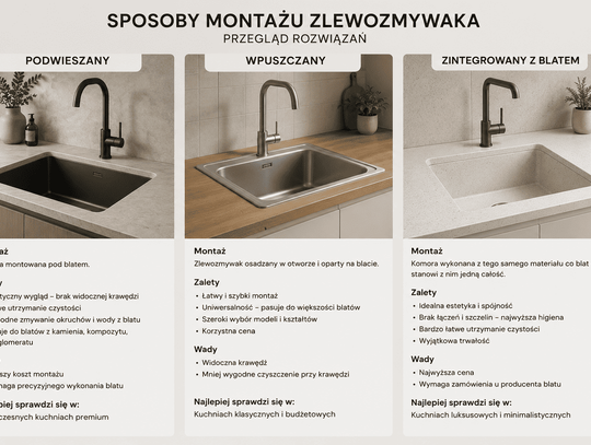 Zlewozmywak podwieszany, wpuszczany czy zintegrowany z blatem? Przegląd sposobów montażu