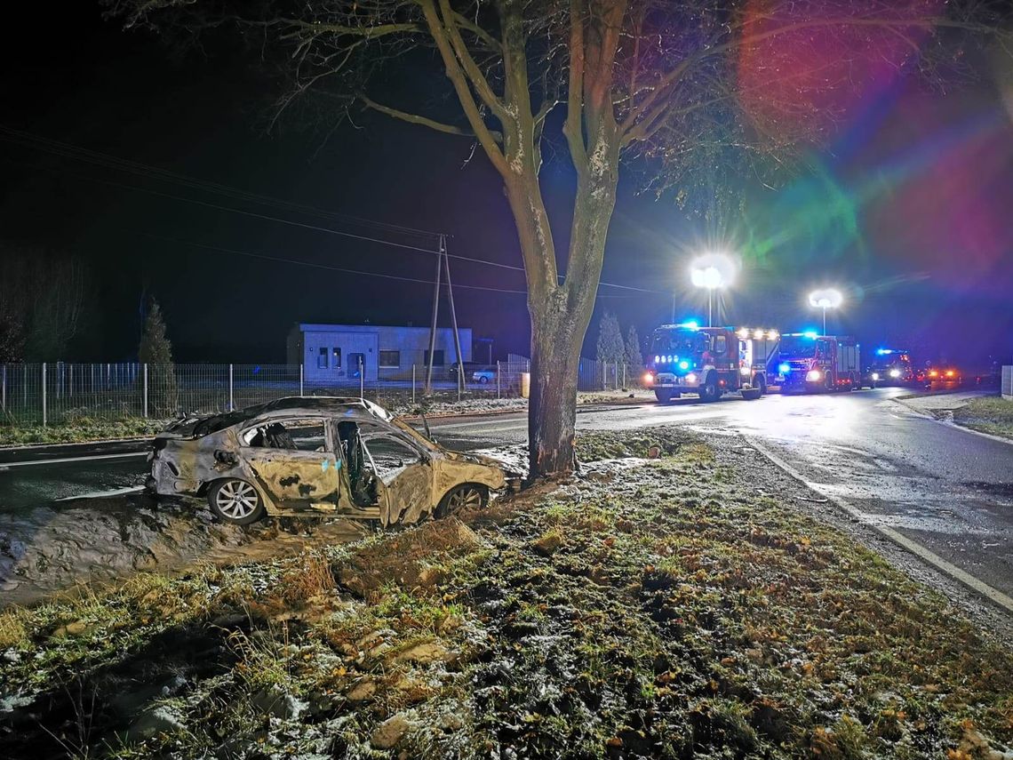 Auto uderzyło w drzewo i stanęło w płomieniach. Nie żyje młody kierowca