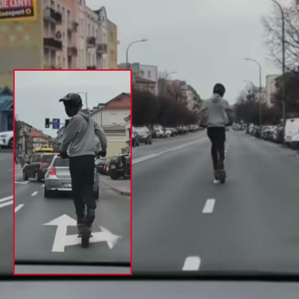 Brawura czy głupota? Nastolatek na hulajnodze pędził środkiem ulicy