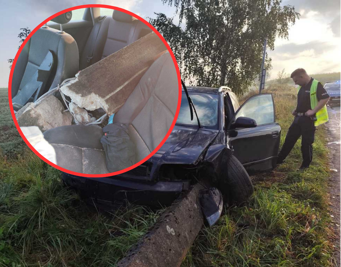 „Nadział” się na betonowy słup. Auto przebite niemal na wylot