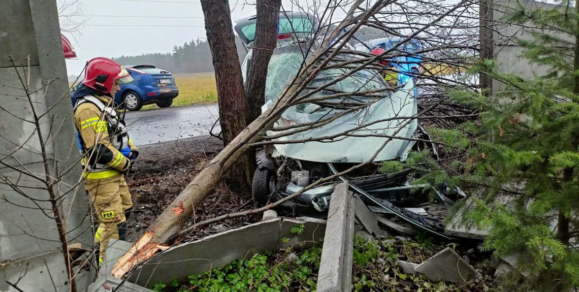 Z impetem uderzył w drzewo. Auto kompletnie rozbite