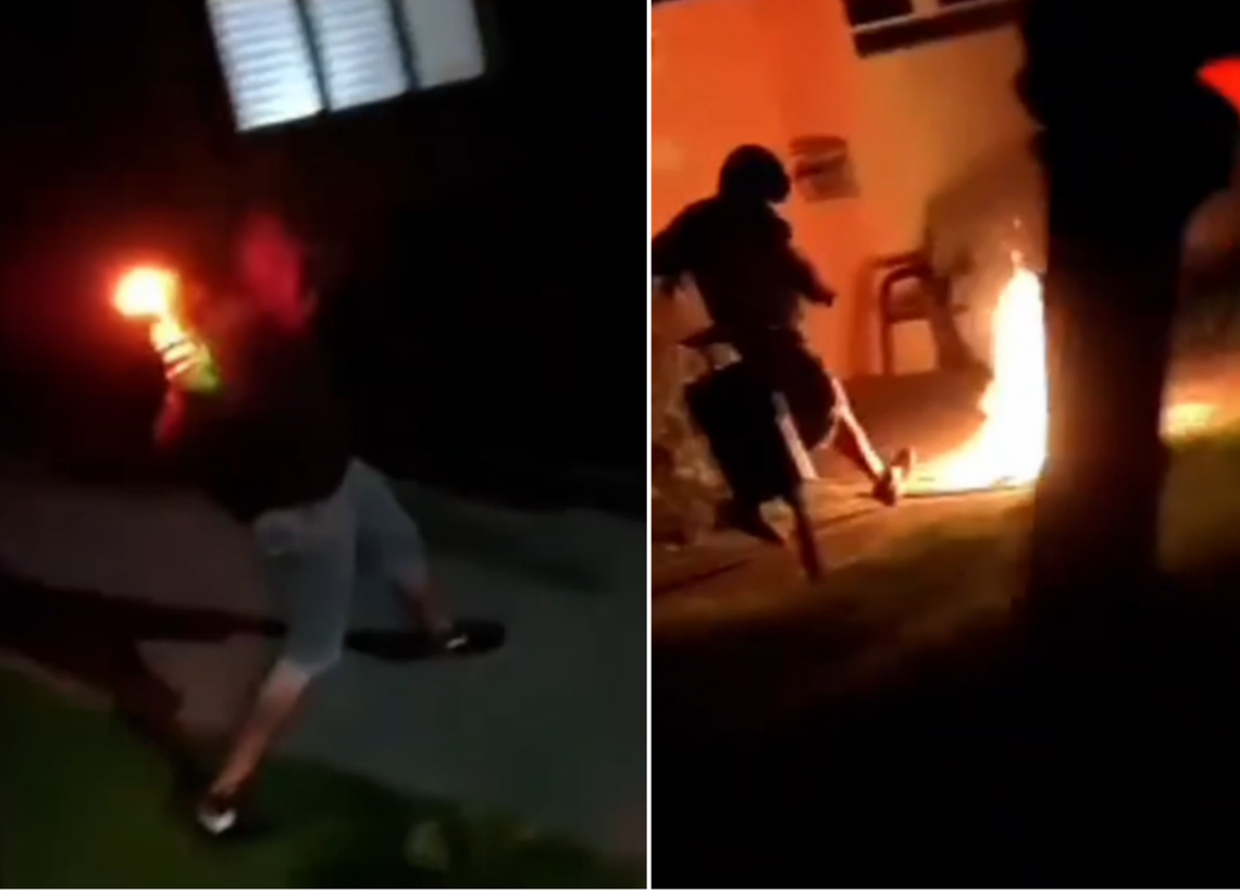 Ogień na osiedlu! Młody chłopak rzuca butelkę i „kręci rolkę” WIDEO