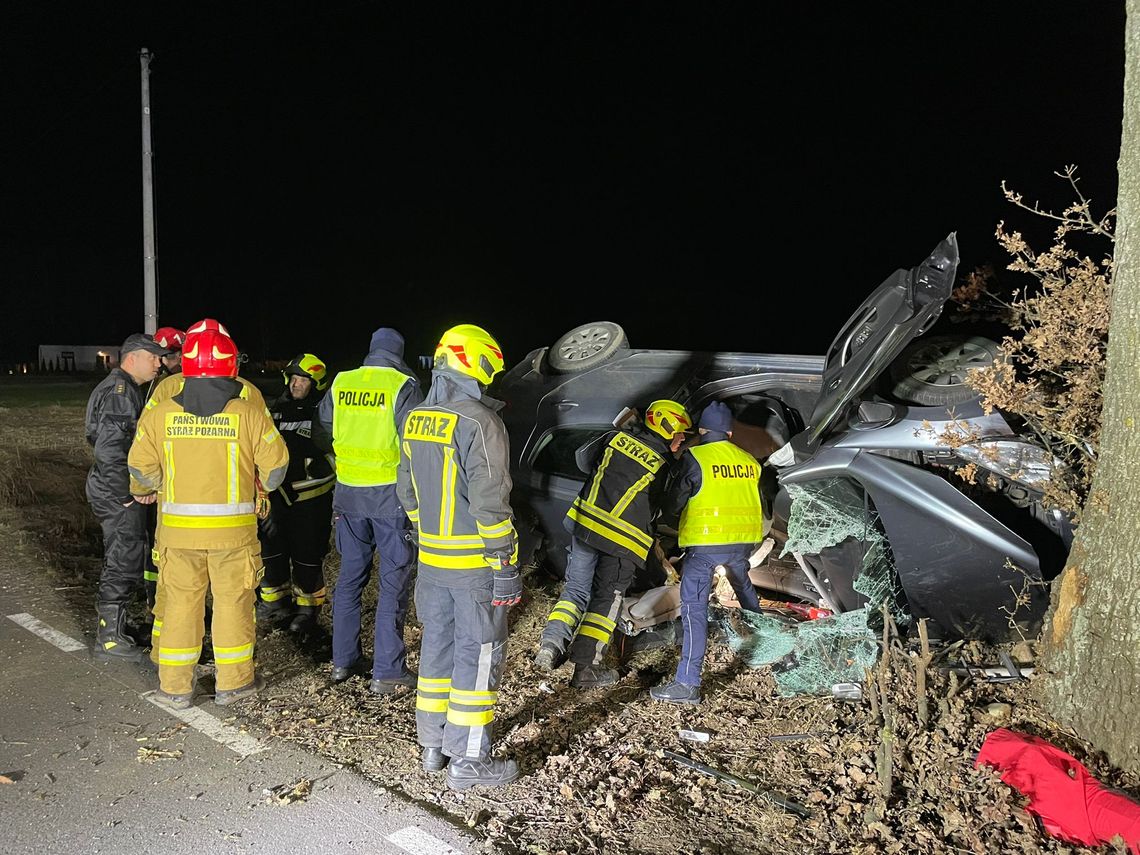 Peugeot uderzył w drzewo. Kierowca w ciężkim stanie ZDJĘCIA