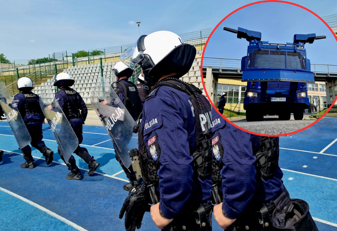 Policjanci z 7 komend. „Ubrani w kamizelki przeciwuderzeniowe, kaski, tarcze”
