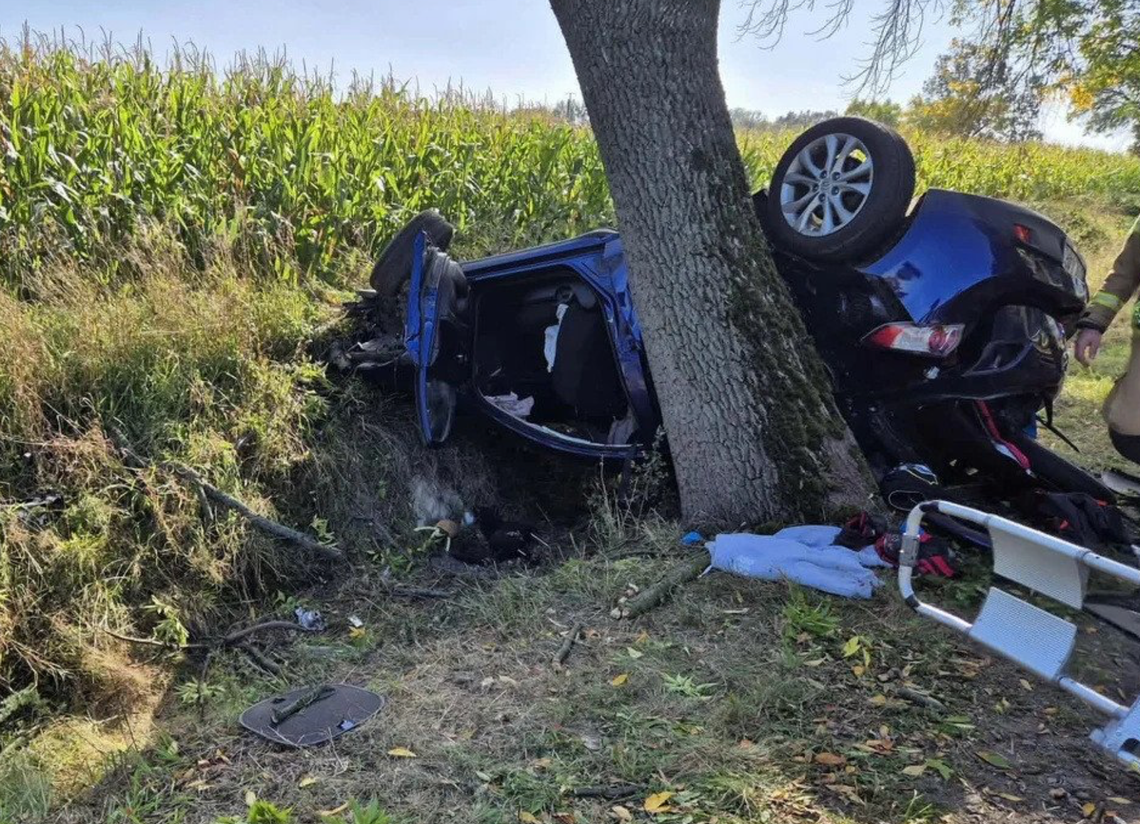 Samochód zatrzymał się na drzewie. Jedna osoba została zakleszczona Samochód zatrzymał się na drzewie. Jedna osoba została zakleszczona