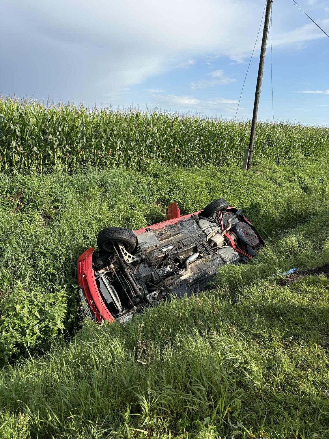 Sekundy od tragedii. BMW w rowie po spotkaniu z dziką zwierzyną