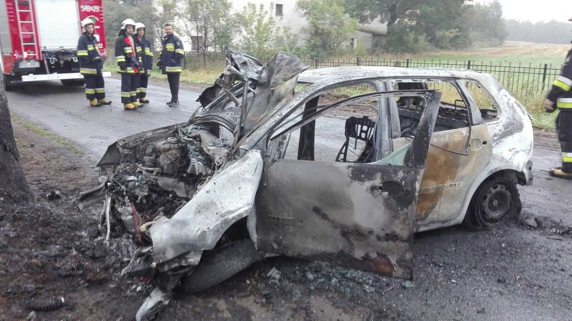 Trzech nastolatków rozbiło się na drzewie, auto doszczętnie spłonęło ZDJĘCIA