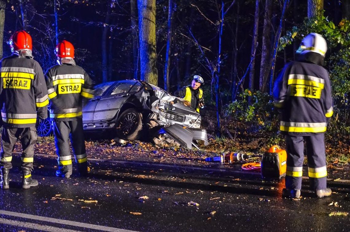 Wypadek na trasie Jarocin – Cielcza. BMW uderzyło w drzewo ZDJĘCIA