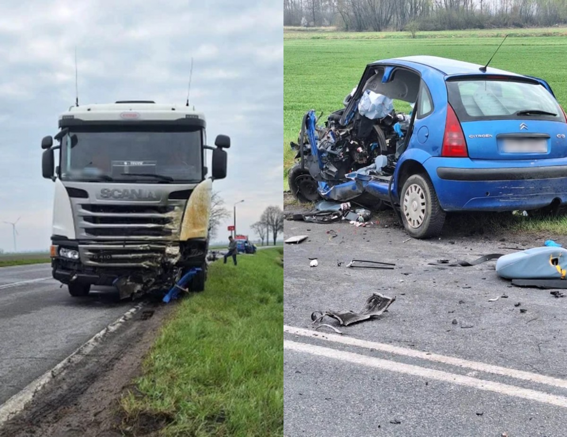 Zderzenie ciężarówki z citroenem. Śmierć poniósł młody kierowca