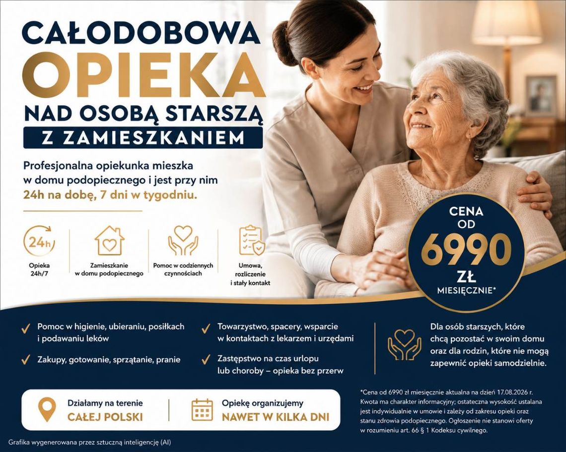 Opieka nad SENIOREM 24h od 6990 zł.Opiekunka zamieszka z seniorem