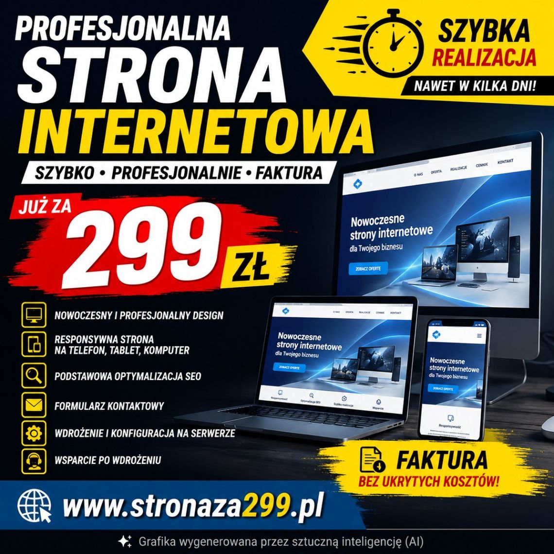 Strona internetowa 299 zł – szybko, profesjonalnie, faktura | stronaza299.pl